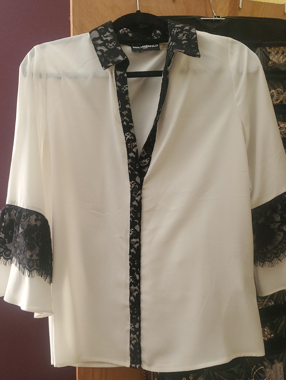 Karl Lagerfeld White Blouse with Black Lace Trim